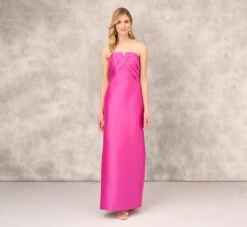 Strapless Mikado Gown With Pleated Bodice In Magenta