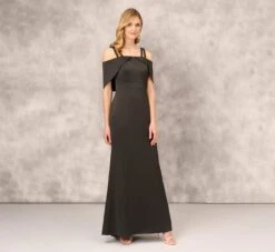Satin Crepe Column Gown With Beaded Double Strap Details In Black