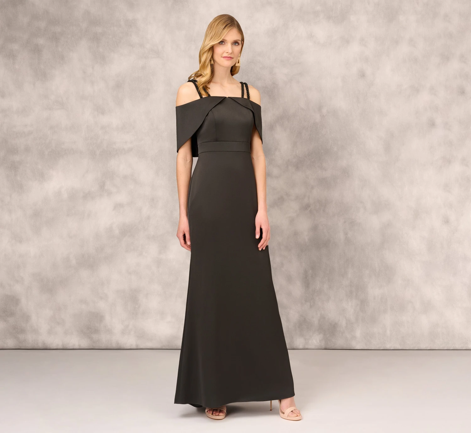 Satin Crepe Column Gown With Beaded Double Strap Details In Black 3 Satin Crepe Column Gown With Beaded Double Strap Details In Black