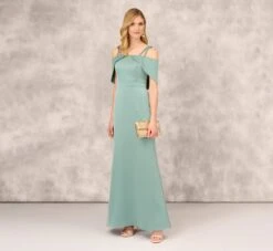 Satin Crepe Column Gown With Beaded Double Strap Details In Green Slate
