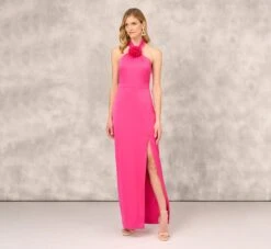 Satin Halter Gown With Rosette Accent In Hot Pink