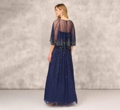Beaded Strapless Gown With Sheer Removable Cape In Navy -Adrianna Papell Shop MD1E208169 AA412 Regular Back