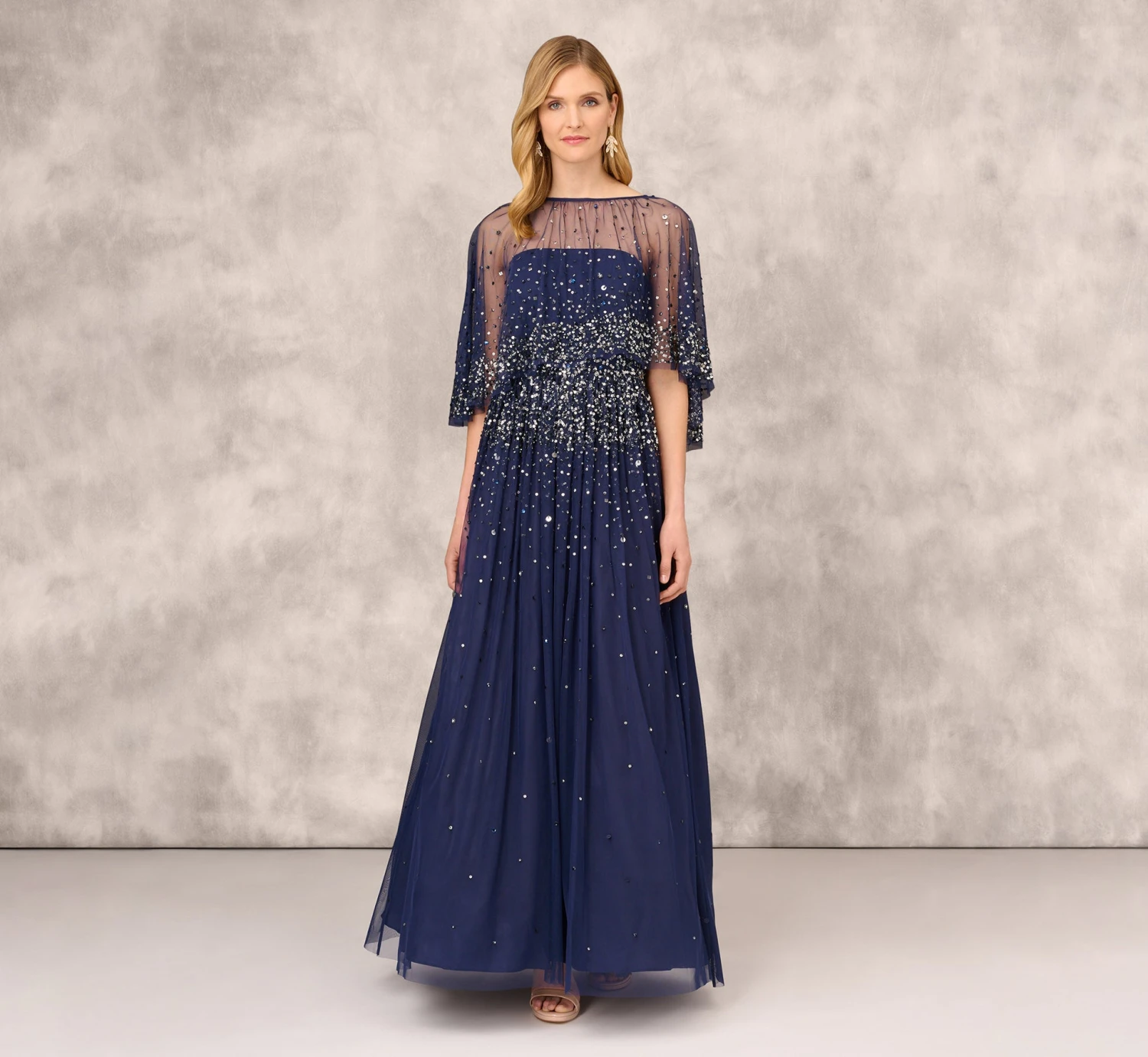 Beaded Strapless Gown With Sheer Removable Cape In Navy