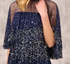 Beaded Strapless Gown With Sheer Removable Cape In Navy -Adrianna Papell Shop MD1E208169 AA412 Regular Detail