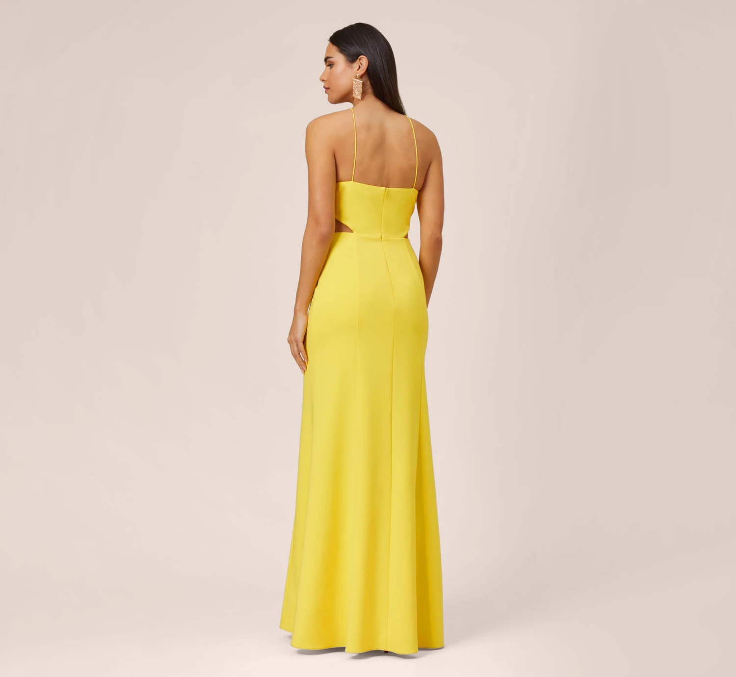 Stretch Crepe Long Halter Mermaid Dress With Cutouts In Lemon 6 Stretch Crepe Long Halter Mermaid Dress With Cutouts In Lemon - Image 4