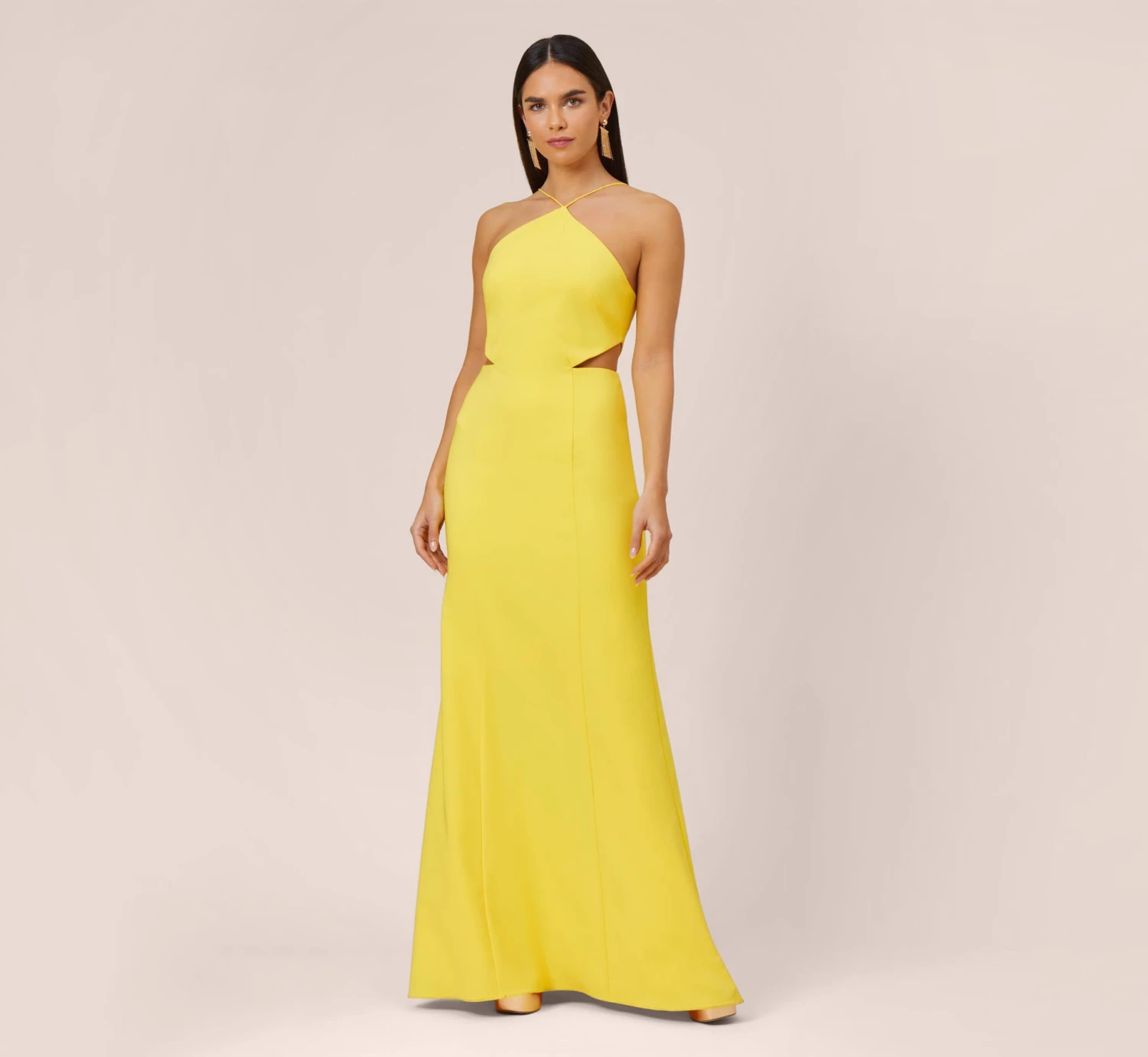 Stretch Crepe Long Halter Mermaid Dress With Cutouts In Lemon 3 Stretch Crepe Long Halter Mermaid Dress With Cutouts In Lemon