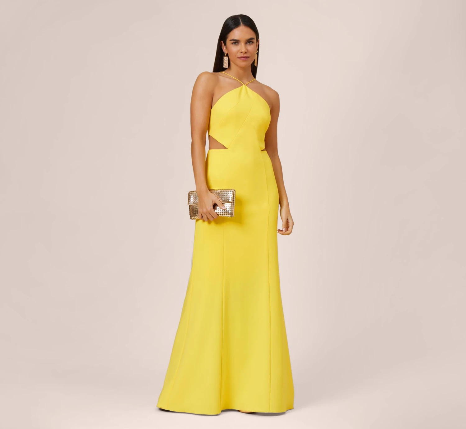 Stretch Crepe Long Halter Mermaid Dress With Cutouts In Lemon 4 Stretch Crepe Long Halter Mermaid Dress With Cutouts In Lemon - Image 2