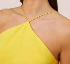 Stretch Crepe Long Halter Mermaid Dress With Cutouts In Lemon 12 Stretch Crepe Long Halter Mermaid Dress With Cutouts In Lemon -Adrianna Papell Shop MN1E205112 AA733 Regular Side