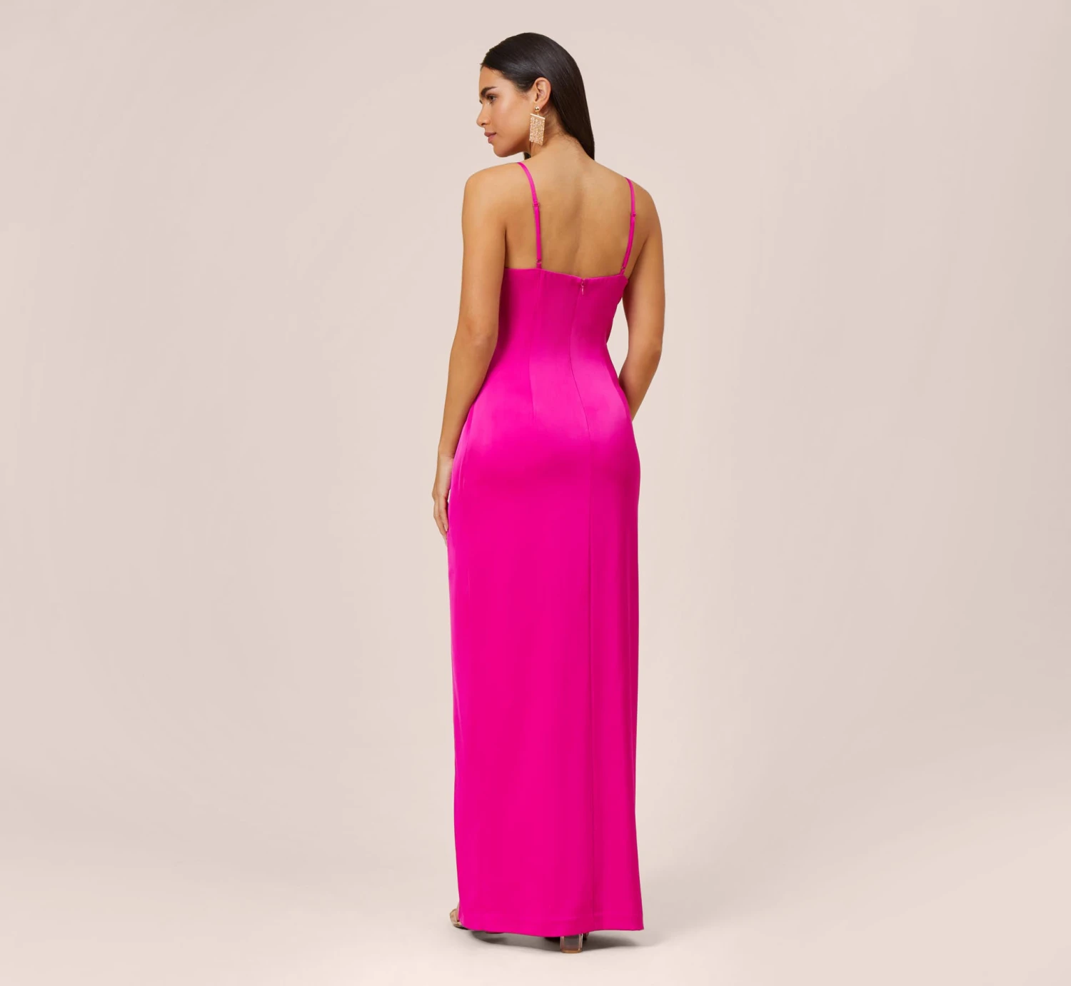 Stretch Satin Cowl Neck Long Column Gown With Slit In Pink Flame 6 Stretch Satin Cowl Neck Long Column Gown With Slit In Pink Flame - Image 4