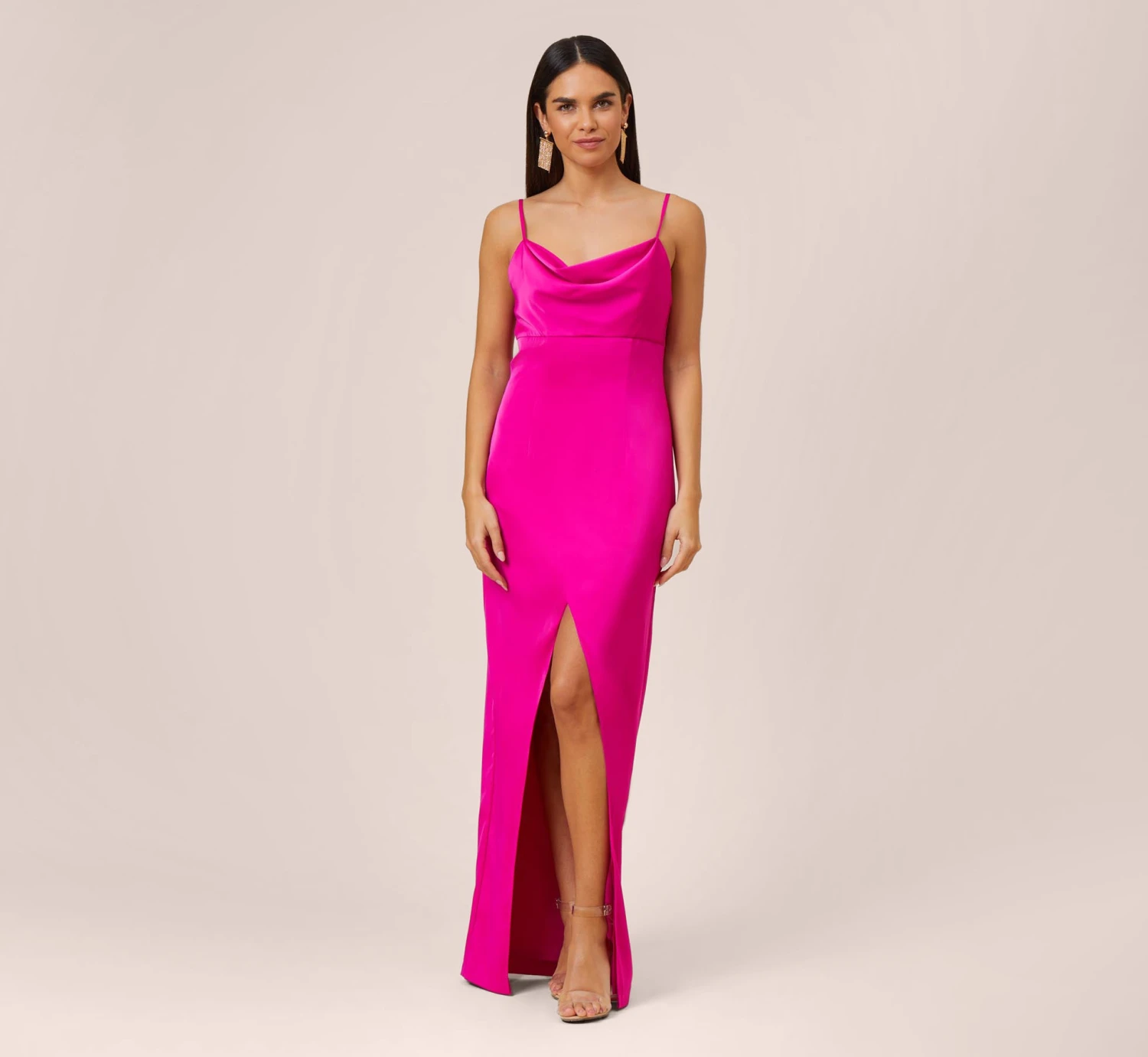 Stretch Satin Cowl Neck Long Column Gown With Slit In Pink Flame 3 Stretch Satin Cowl Neck Long Column Gown With Slit In Pink Flame