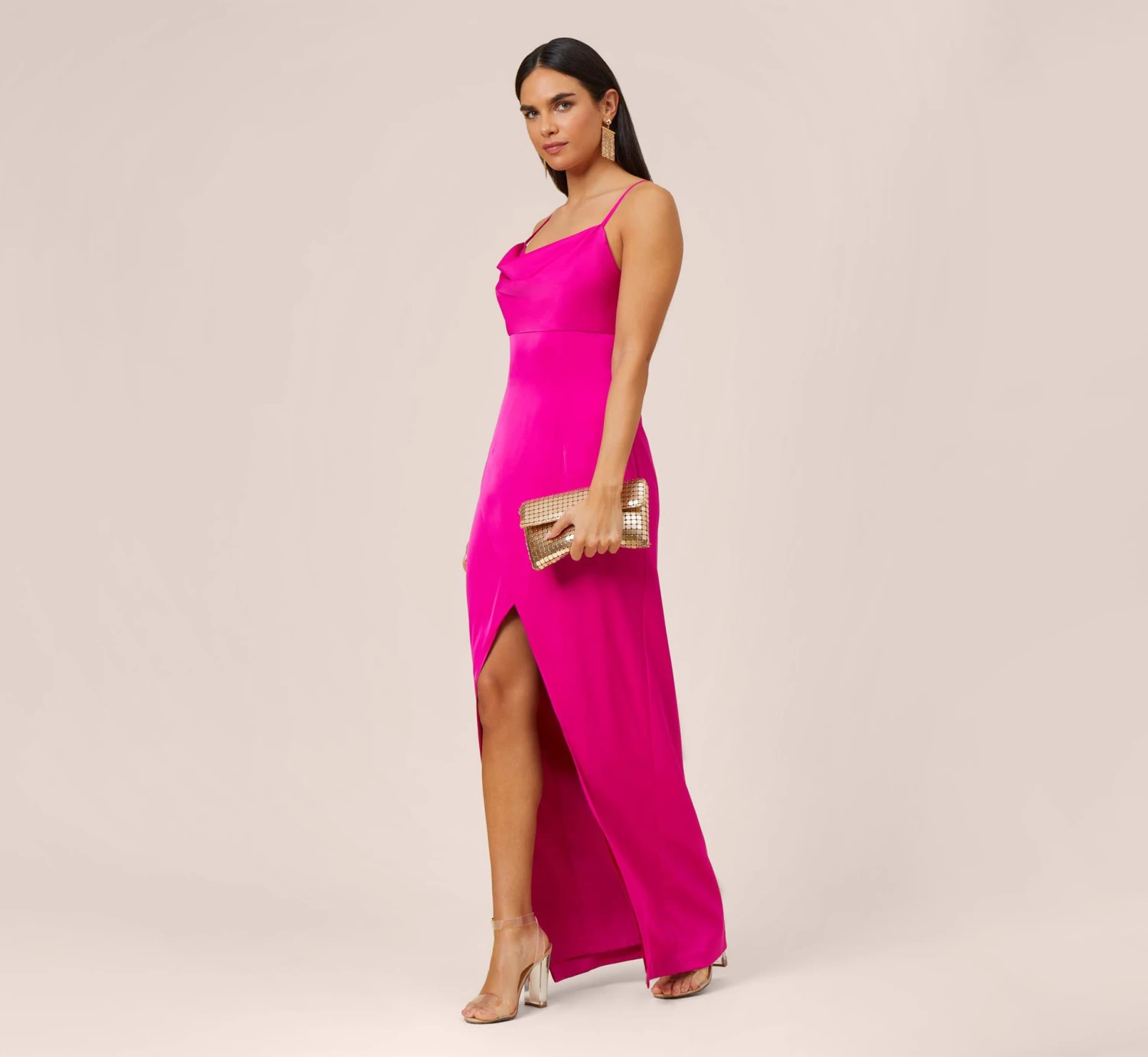 Stretch Satin Cowl Neck Long Column Gown With Slit In Pink Flame 4 Stretch Satin Cowl Neck Long Column Gown With Slit In Pink Flame - Image 2