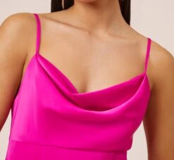 Stretch Satin Cowl Neck Long Column Gown With Slit In Pink Flame 12 Stretch Satin Cowl Neck Long Column Gown With Slit In Pink Flame -Adrianna Papell Shop MN1E206926 AR670 Regular Side