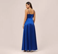 Twist Front Satin Gown With Cutout In True Blue -Adrianna Papell Shop MN1E206933 AA400 Regular Back