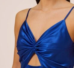 Twist Front Satin Gown With Cutout In True Blue -Adrianna Papell Shop MN1E206933 AA400 Regular Side