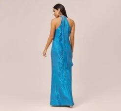 Metallic Chiffon Halter Gown In Ocean Dream 11 Metallic Chiffon Halter Gown In Ocean Dream -Adrianna Papell Shop MN1E206963 AB426 Regular Back