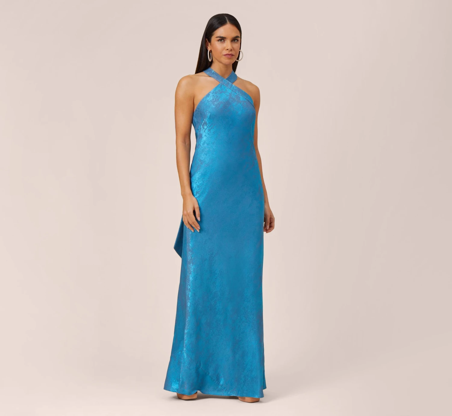 Metallic Chiffon Halter Gown In Ocean Dream 3 Metallic Chiffon Halter Gown In Ocean Dream
