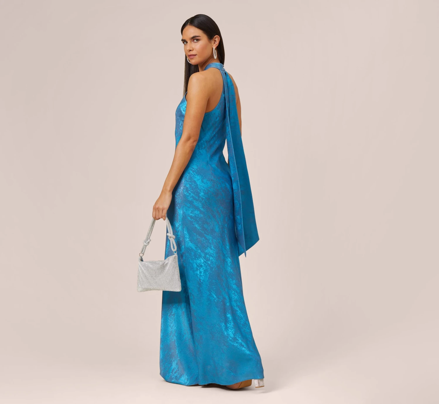Metallic Chiffon Halter Gown In Ocean Dream 4 Metallic Chiffon Halter Gown In Ocean Dream - Image 2