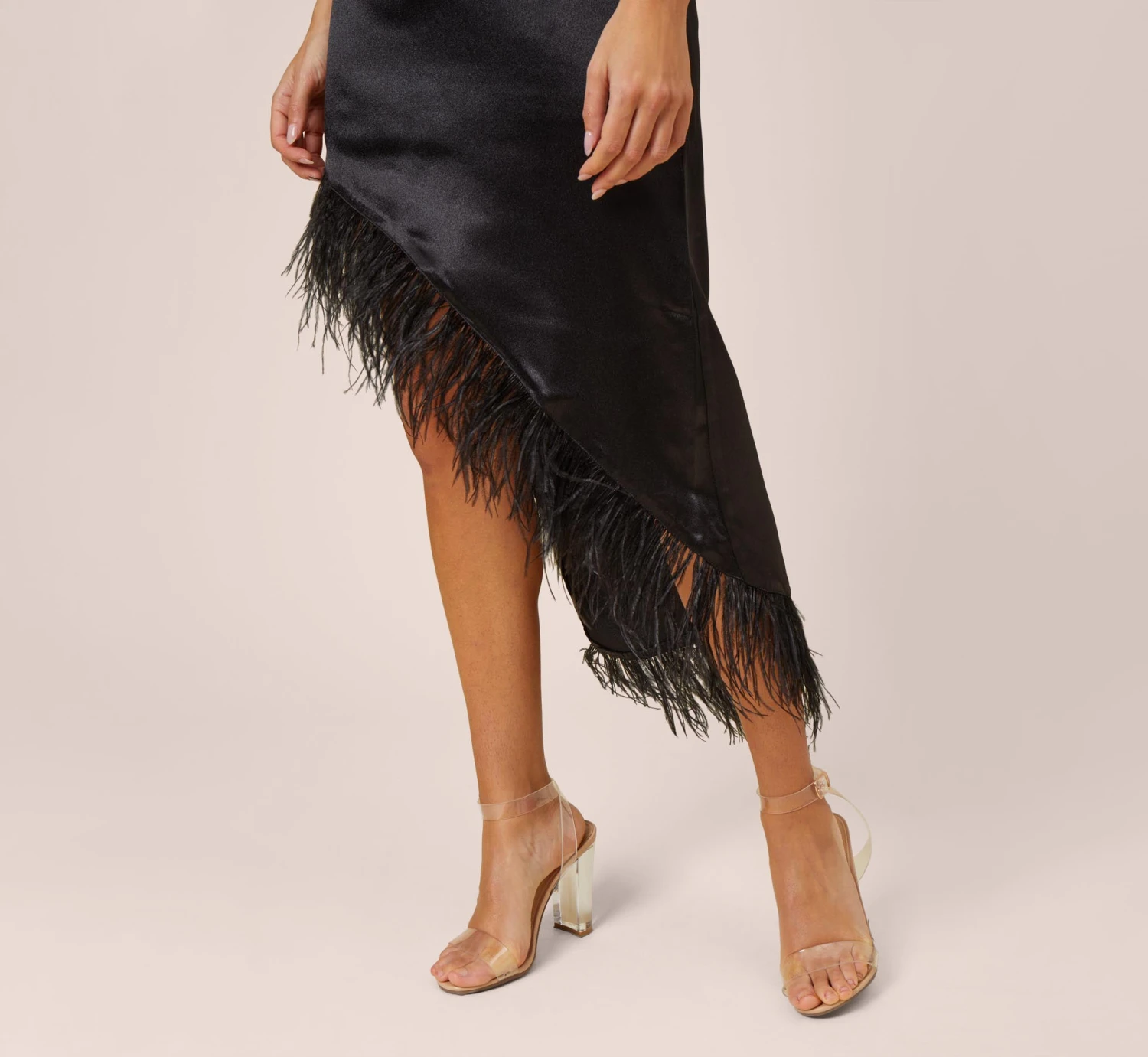 One-Shoulder Satin Dress With Feather Trim In Black 5 One-Shoulder Satin Dress With Feather Trim In Black - Image 3