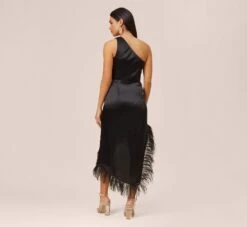 One-Shoulder Satin Dress With Feather Trim In Black 11 One-Shoulder Satin Dress With Feather Trim In Black -Adrianna Papell Shop MN1E207482 AA002 Regular Back