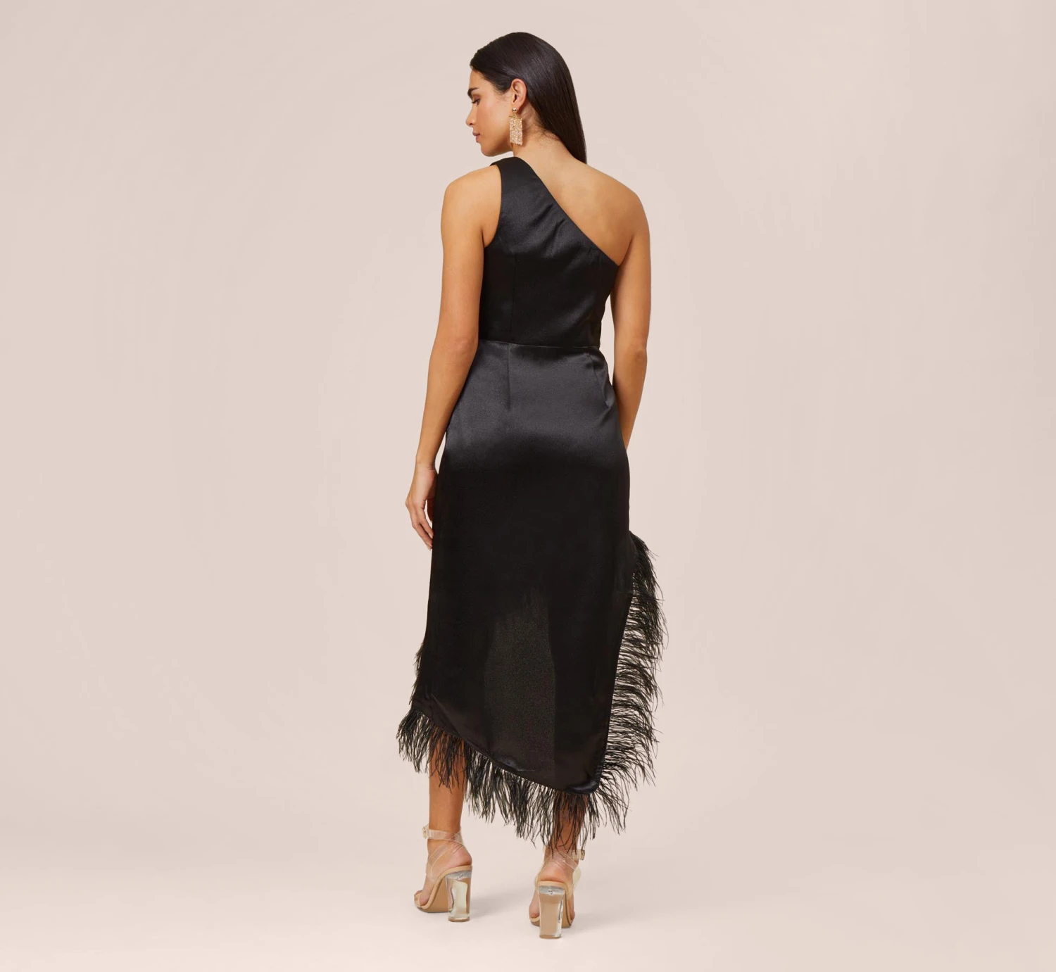 One-Shoulder Satin Dress With Feather Trim In Black 6 One-Shoulder Satin Dress With Feather Trim In Black - Image 4