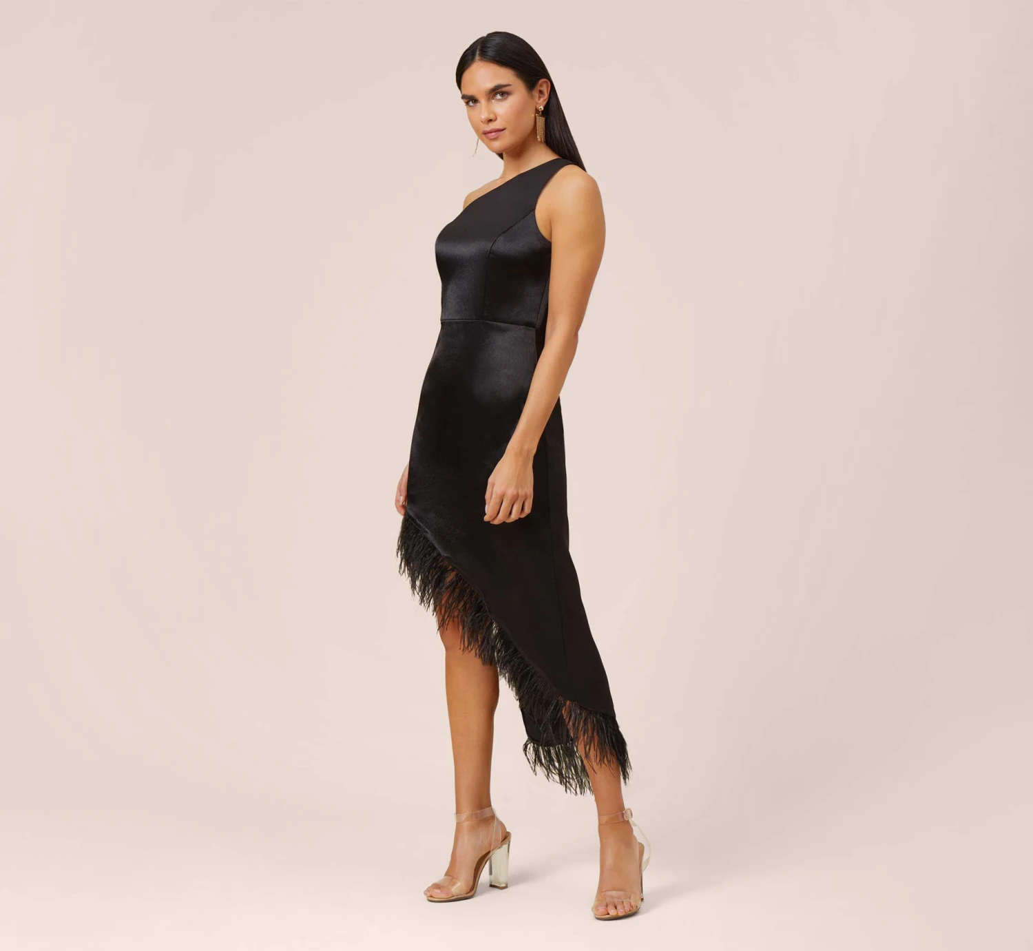 One-Shoulder Satin Dress With Feather Trim In Black 3 One-Shoulder Satin Dress With Feather Trim In Black