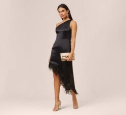 One-Shoulder Satin Dress With Feather Trim In Black 13 One-Shoulder Satin Dress With Feather Trim In Black -Adrianna Papell Shop MN1E207482 AA002 Regular Lifestyle