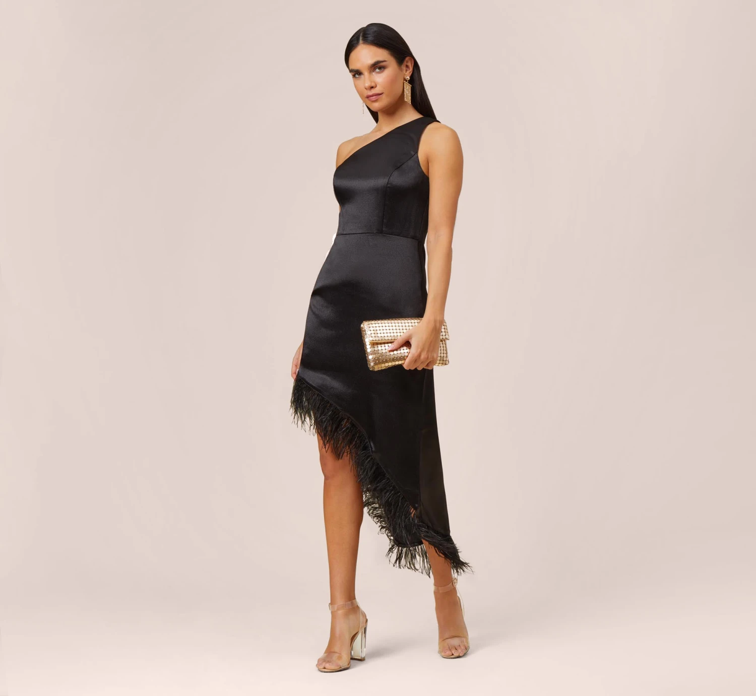 One-Shoulder Satin Dress With Feather Trim In Black 8 One-Shoulder Satin Dress With Feather Trim In Black - Image 6