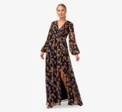 Floral-Print Pleated Chiffon Long A-Line Gown In Black Multi 8 Floral-Print Pleated Chiffon Long A-Line Gown In Black Multi -Adrianna Papell Shop MN1E207505 AA960 Regular Alternate