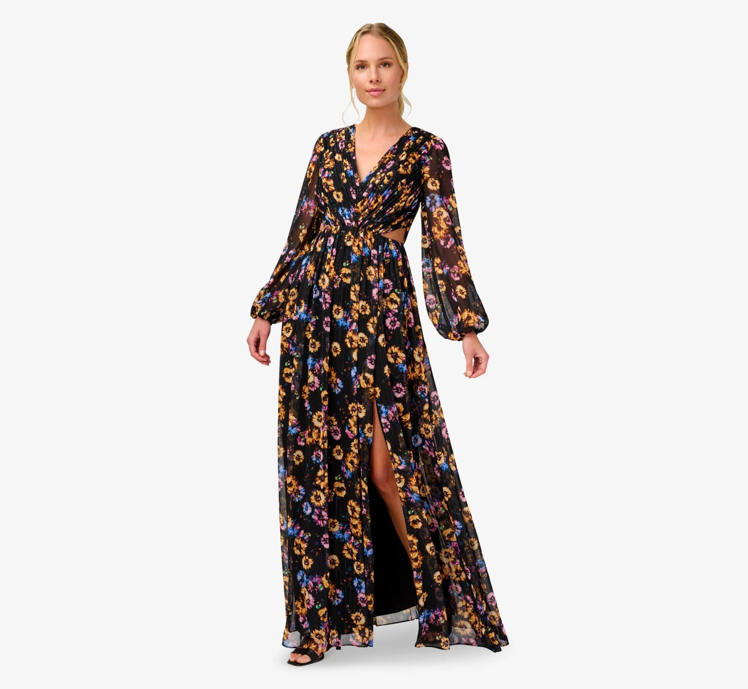 Floral-Print Pleated Chiffon Long A-Line Gown In Black Multi 5 Floral-Print Pleated Chiffon Long A-Line Gown In Black Multi - Image 3