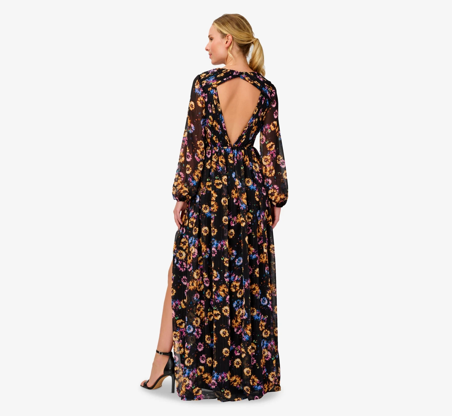 Floral-Print Pleated Chiffon Long A-Line Gown In Black Multi 4 Floral-Print Pleated Chiffon Long A-Line Gown In Black Multi - Image 2
