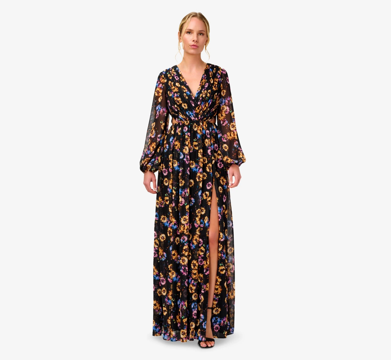 Floral-Print Pleated Chiffon Long A-Line Gown In Black Multi 3 Floral-Print Pleated Chiffon Long A-Line Gown In Black Multi