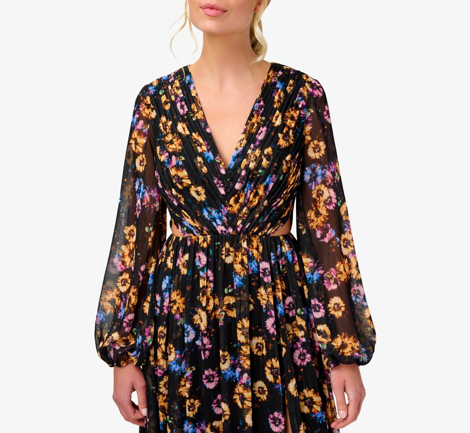 Floral-Print Pleated Chiffon Long A-Line Gown In Black Multi 6 Floral-Print Pleated Chiffon Long A-Line Gown In Black Multi - Image 4