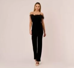 Feather Trimmed Strapless Velvet Jumpsuit In Black