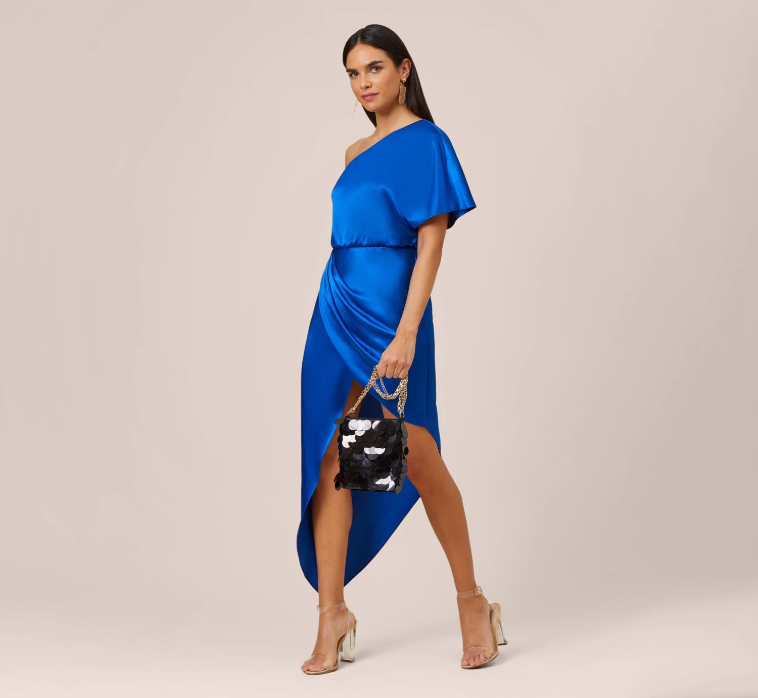 Satin One-Shoulder Draped Long Asymmetrical Gown In Violet Cobalt 4 Satin One-Shoulder Draped Long Asymmetrical Gown In Violet Cobalt - Image 2
