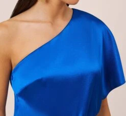 Satin One-Shoulder Draped Long Asymmetrical Gown In Violet Cobalt 12 Satin One-Shoulder Draped Long Asymmetrical Gown In Violet Cobalt -Adrianna Papell Shop MN1E207653 BA401 Regular Side