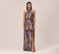 Floral-Print Metallic Crinkled Mesh Long Halter Tiered Dress In Magenta
