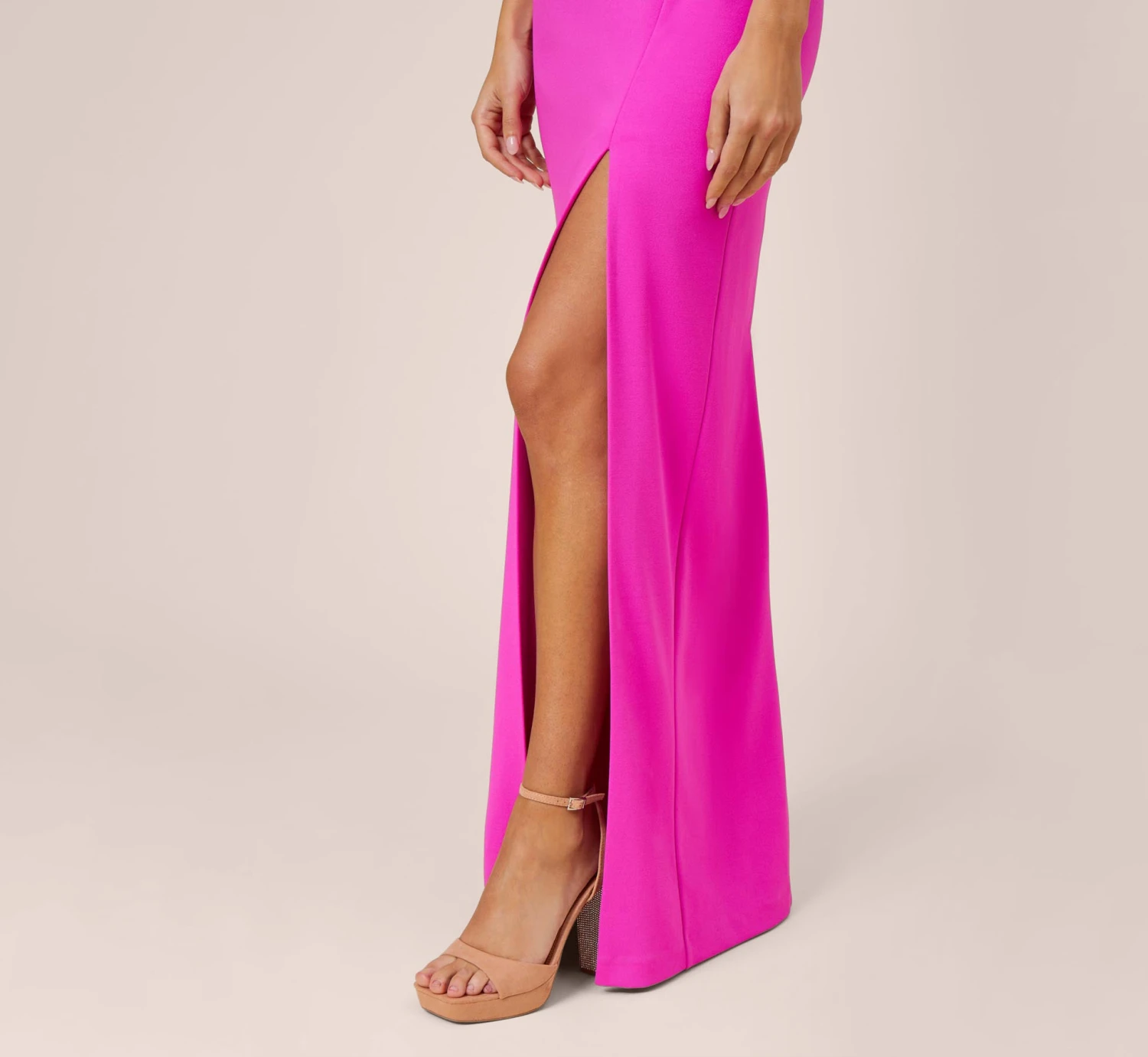 Stretch Crepe Off-The-Shoulder Long Column Gown With Bows In Pink Flame 5 Stretch Crepe Off-The-Shoulder Long Column Gown With Bows In Pink Flame - Image 3