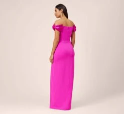 Stretch Crepe Off-The-Shoulder Long Column Gown With Bows In Pink Flame 12 Stretch Crepe Off-The-Shoulder Long Column Gown With Bows In Pink Flame -Adrianna Papell Shop MN1E207804 AR670 Regular Back