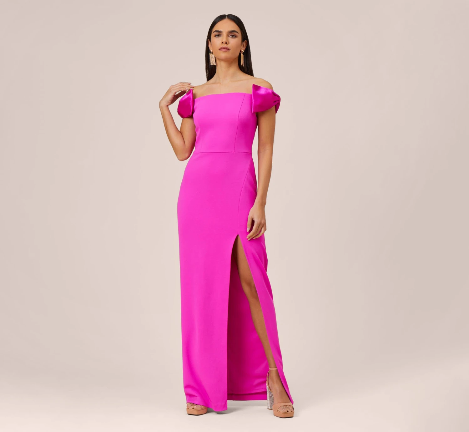 Stretch Crepe Off-The-Shoulder Long Column Gown With Bows In Pink Flame 3 Stretch Crepe Off-The-Shoulder Long Column Gown With Bows In Pink Flame