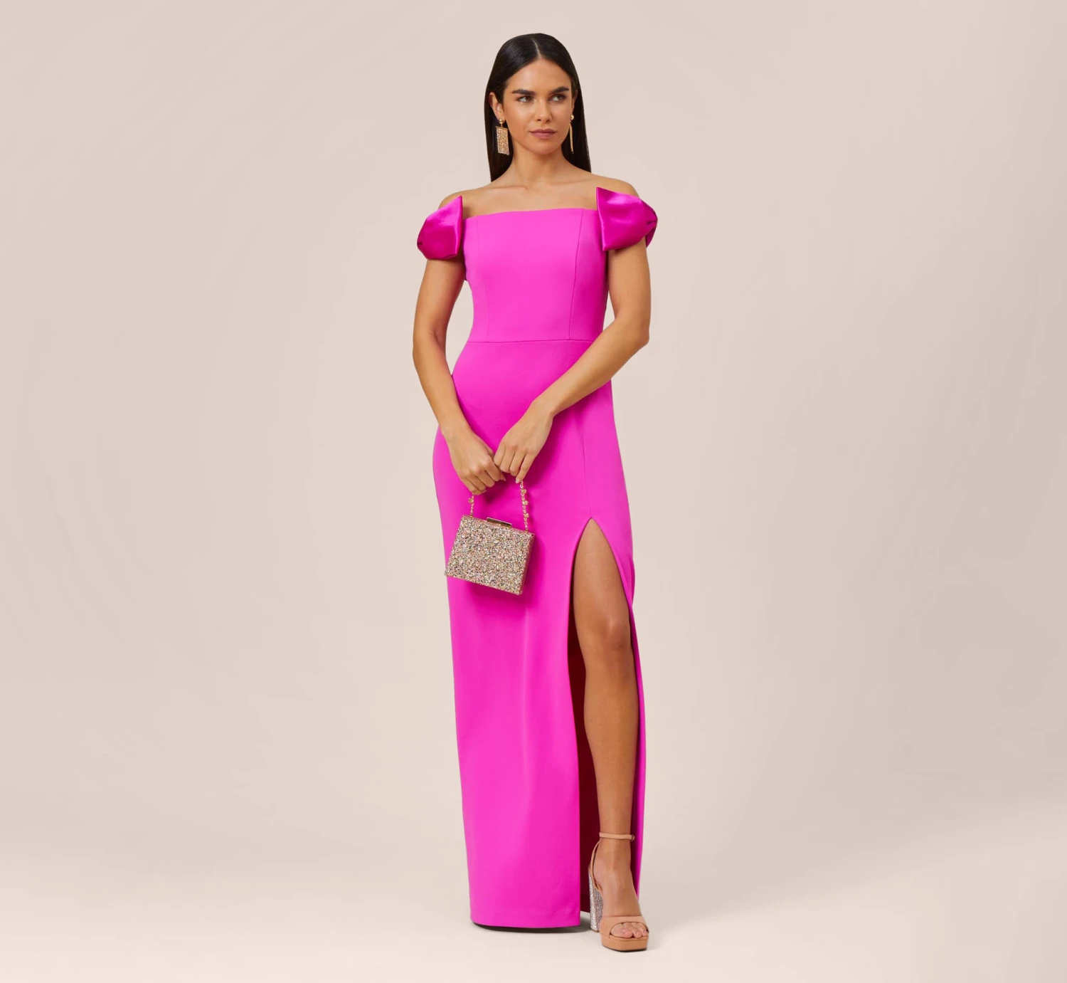 Stretch Crepe Off-The-Shoulder Long Column Gown With Bows In Pink Flame 4 Stretch Crepe Off-The-Shoulder Long Column Gown With Bows In Pink Flame - Image 2