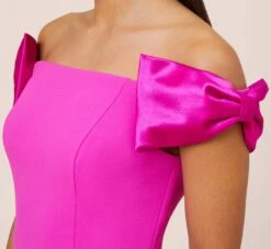 Stretch Crepe Off-The-Shoulder Long Column Gown With Bows In Pink Flame 11 Stretch Crepe Off-The-Shoulder Long Column Gown With Bows In Pink Flame -Adrianna Papell Shop MN1E207804 AR670 Regular Side