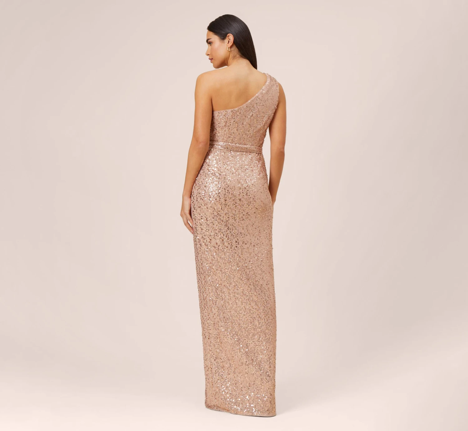 Sequined One-Shoulder Long Column Dress With Side Sash In Rose Gold 6 Sequined One-Shoulder Long Column Dress With Side Sash In Rose Gold - Image 4