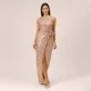 Sequined One-Shoulder Long Column Dress With Side Sash In Rose Gold 2 Sequined One-Shoulder Long Column Dress With Side Sash In Rose Gold -Adrianna Papell Shop MN1E207825 AA958 Regular Default