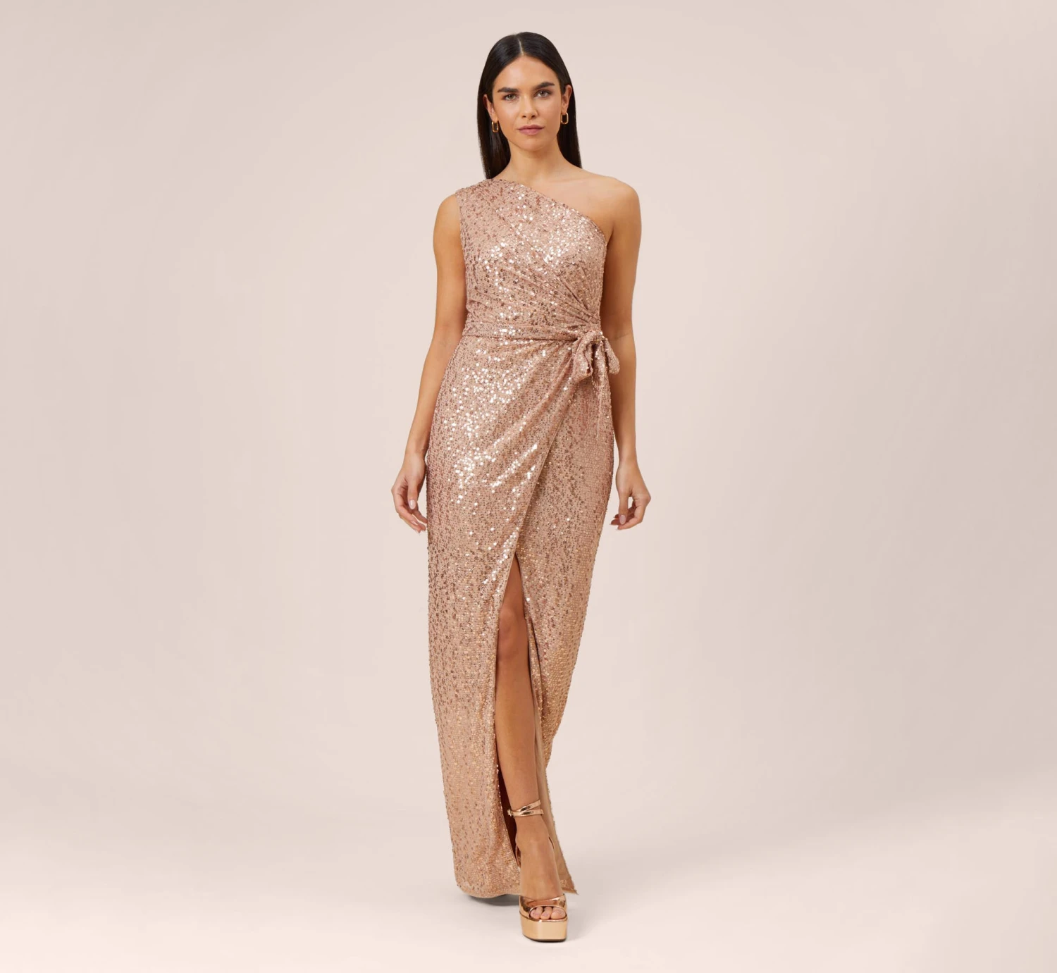 Sequined One-Shoulder Long Column Dress With Side Sash In Rose Gold 3 Sequined One-Shoulder Long Column Dress With Side Sash In Rose Gold