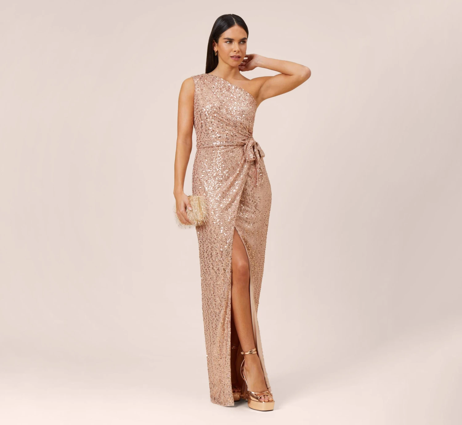 Sequined One-Shoulder Long Column Dress With Side Sash In Rose Gold 4 Sequined One-Shoulder Long Column Dress With Side Sash In Rose Gold - Image 2