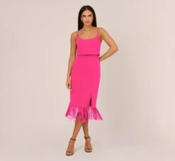 Crepe Popover Midi Dress With Fringe Trim In Lipstick