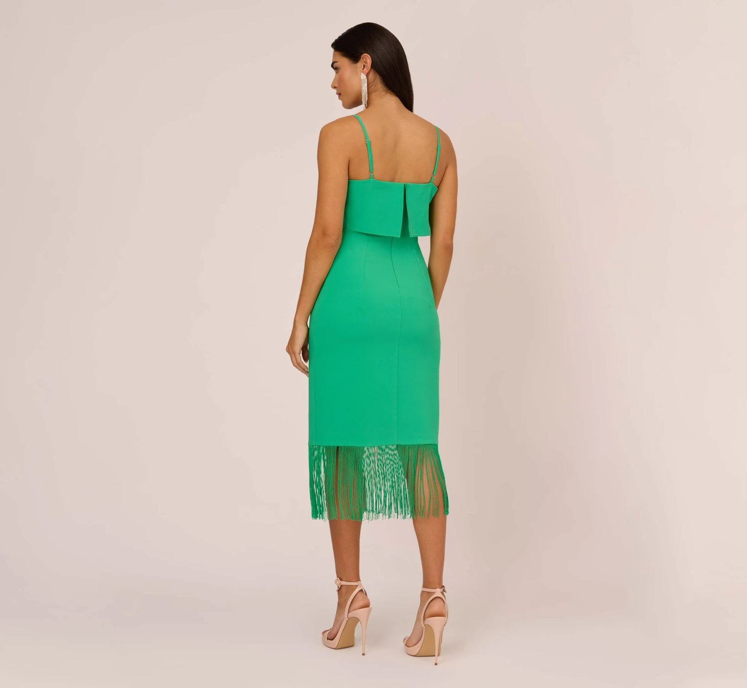 Crepe Popover Midi Dress With Fringe Trim In Summer Green 6 Crepe Popover Midi Dress With Fringe Trim In Summer Green - Image 4