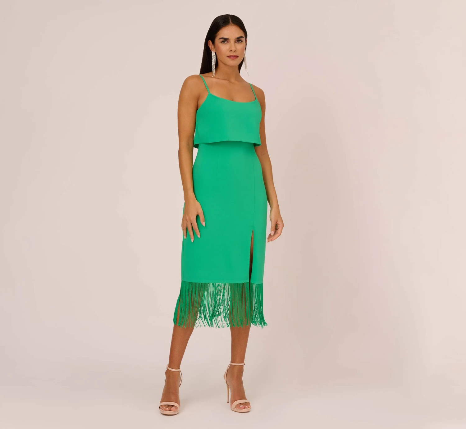 Crepe Popover Midi Dress With Fringe Trim In Summer Green 3 Crepe Popover Midi Dress With Fringe Trim In Summer Green