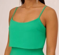 Crepe Popover Midi Dress With Fringe Trim In Summer Green 12 Crepe Popover Midi Dress With Fringe Trim In Summer Green -Adrianna Papell Shop MN1E208002 AI314 Regular Detail