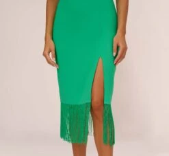 Crepe Popover Midi Dress With Fringe Trim In Summer Green 10 Crepe Popover Midi Dress With Fringe Trim In Summer Green -Adrianna Papell Shop MN1E208002 AI314 Regular Lifestyle